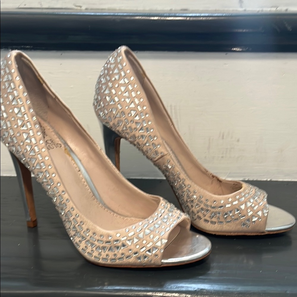 Vince Camuto Silver Stiletto Heels with Peep-Toe